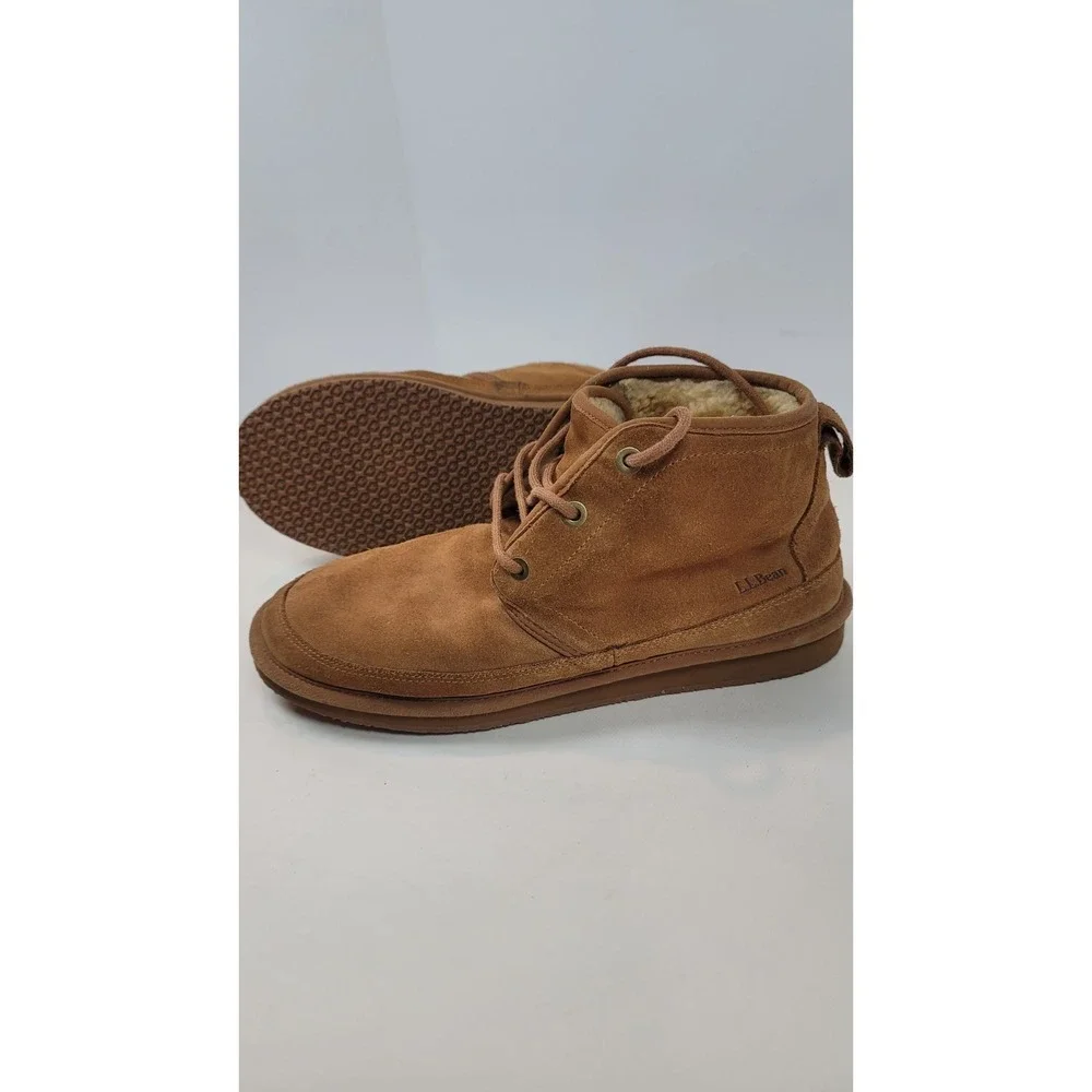 LL Bean Men's Wicked Good Boots Three Eye Shearling Suede Brown Sz 11